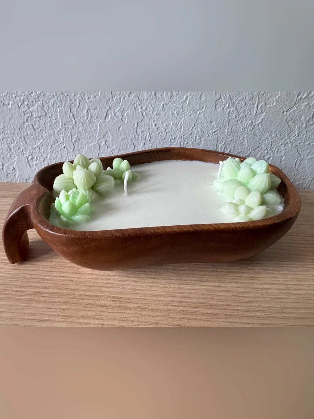 Hand Crafted White and Light Green Succulent Accent Candle in Wooden Tray